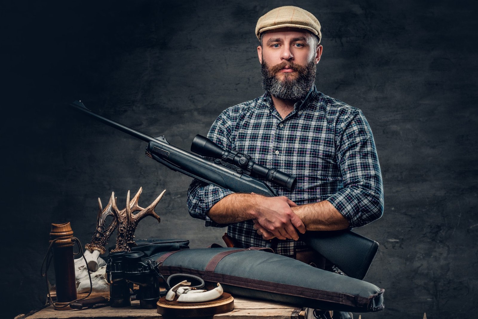 man holding a hunting rifle with trophy